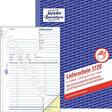 Bloc de bordereaux d'expédition bleu et blanc avec le logo Avery Zweckform, prise de vue détaillée.