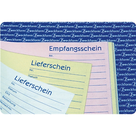 Trois bons de livraison de couleurs différentes avec les mots 'Lieferschein' et 'Empfangsschein'. En arrière-plan, un motif bleu avec le mot 'Zweckform'.