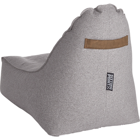Grey beanbag with brown leather patch and 'Sitting Point' label.