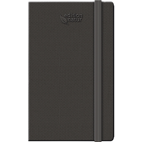 Dark notebook with embossed "edition natur" text and elastic band.