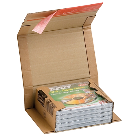 Open cardboard box with CD cases partially visible. Printed: Fujifilm CD-R for digital photos.