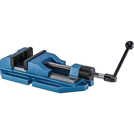 Blauw geverfde bankschroef met een zwarte handgreep. Het gereedschap staat op een lichte achtergrond.