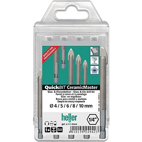 Glas- en tegelschroeven in een transparante verpakking. De tekst QuickBIT CeramicMaster is duidelijk zichtbaar. De boren hebben verschillende maten.
