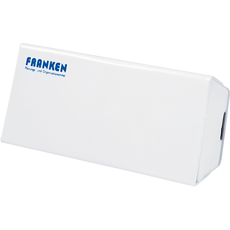 Wit whiteboard van Franken, blauwe letters. Schuine weergave.