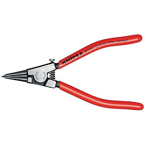 Rode tang, merk KNIPEX, ligt open tegen een neutrale achtergrond. Zwarte punten, zilveren middendeel, rode handgreep.