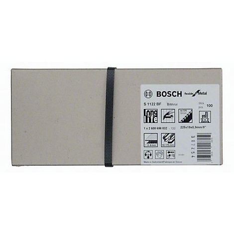 Emballage de lames de scie Bosch, avec informations sur le produit et une bande de caoutchouc noire.