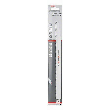 Lame de scie sur fond blanc, marque Bosch. Boîte grise avec éléments rouges. Informations sur le produit et structure des dents de scie visibles.