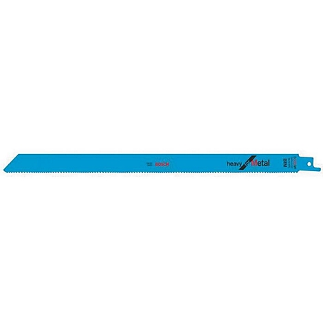 Lame de scie sabre bleu turquoise avec bord dentelé, logo Bosch et inscription Heavy Metal.