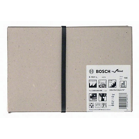 Emballage de produit Bosch, rectangulaire, marron clair, avec bande élastique noire. Étiqueté : Bosch, S 1531 L.