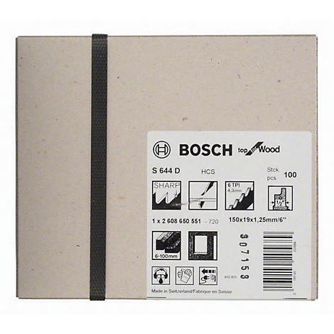 Eine Holzbearbeitungs-Sägeblattpackung mit schwarzem Band. Auf dem Etikett steht "BOSCH Top Wood", daneben technische Daten.