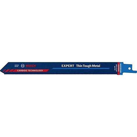 Sägeblatt blau, mit Schriftzug EXPERT Thin Tough Metal. Der Schriftzug CARBIDE TECHNOLOGY ist auf rotem Hintergrund.