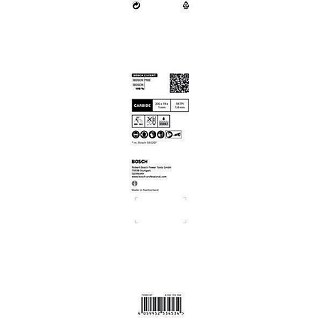 Etikett mit Produktinformationen und QR-Code. Firmenlogo BOSCH, technische Details, Barcode.