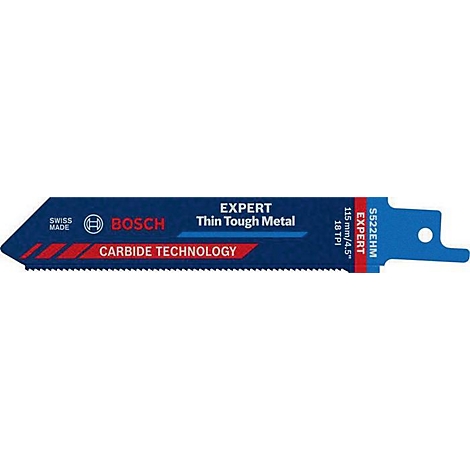 Blaue Sägeblatt-Klinge von Bosch. Aufschrift: Expert, Carbide Technology. Text: Swiss Made. Schwarze Zähne am unteren Ende.