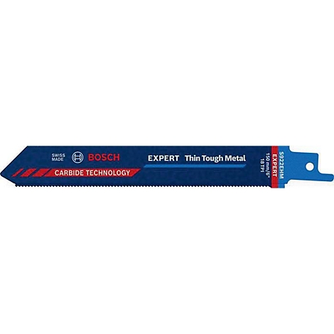 Eine blaue Sägeblatt von Bosch. Auf dem Blatt stehen die Schriftzüge "EXPERT", "Thin Tough Metal", "CARBIDE TECHNOLOGY" und das Bosch Logo.