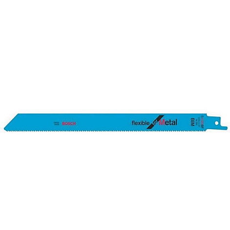 Blaue Säbelsäge mit "flexible METAL" Schriftzug. Das BOSCH Logo und die Bezeichnung BIM sind zu sehen.