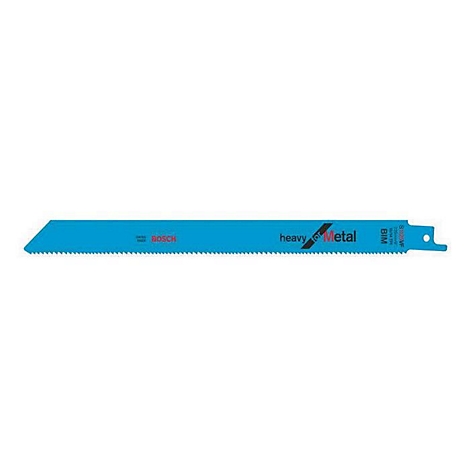 Blaues Sägeblatt von Bosch mit "heavy metal" Aufdruck. Zahnung und Lochung.