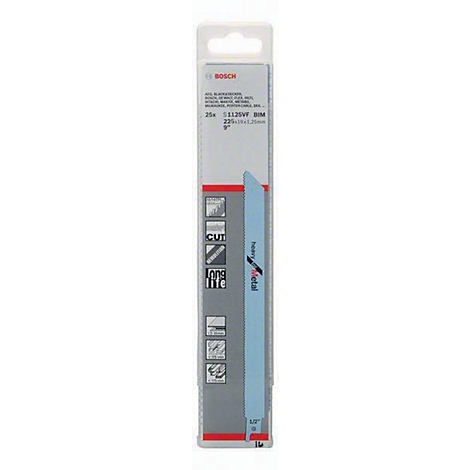 Sägeblatt in Blisterverpackung, hellblaues Blatt mit schwarzer Schrift, BOSCH-Logo.