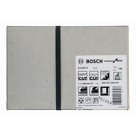 Ein Paket Sägeblätter von Bosch, umwickelt von einem schwarzen Gummiband. Auf der Verpackung befinden sich verschiedene Logos und Produktinformationen.