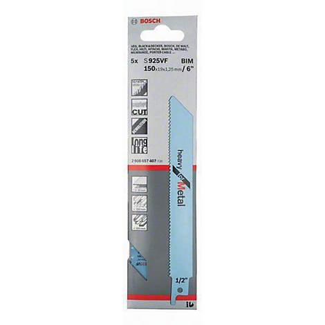Pakung von 5 Sägeblättern für Metall. Blaue Sägeblätter, Heavy Metal beschriftet. Verpackung mit Produktinformationen.