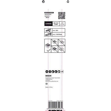 Weiße Produktverpackung mit Text. Bosch Expert-Produkt, Informationen zu Abmessungen und Stromversorgung.