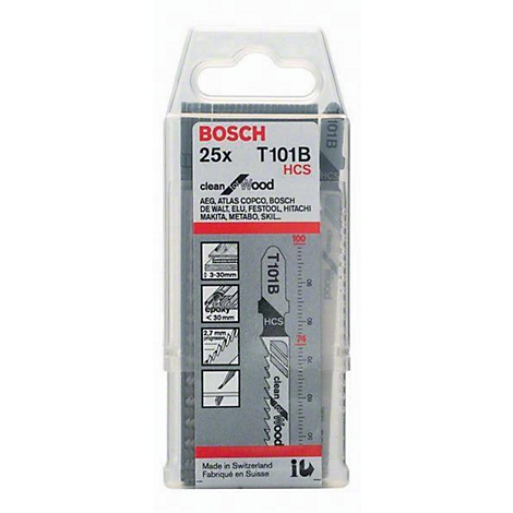 Packung mit 25 Stichsägeblättern von Bosch. Text: T101B, clean wood, HCS. In transparenter Plastikverpackung.