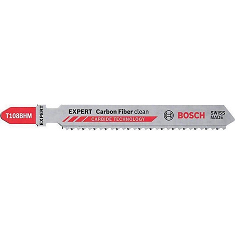 Ein Sägeblatt mit rotem Schriftzug T108BHM, der Name des Herstellers Bosch und Swiss Made.