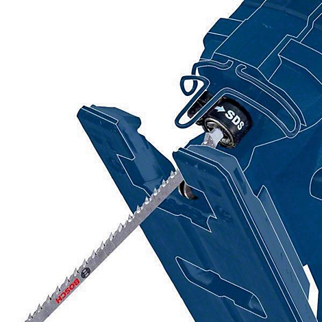 Nahaufnahme einer Stichsäge mit Sägeblatt. SDS-Schnellspannsystem. Bosch-Logo.