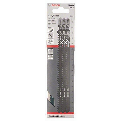 Sägeblätter in einer Verpackung. Schwarz, grau und weiß. Bosch Logo, T744D, HCS, fast cut.