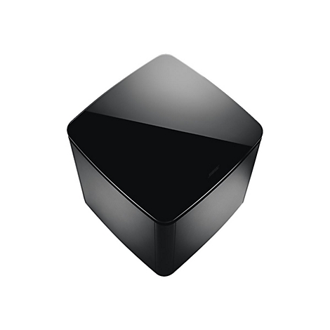 Schwarzer, würfelförmiger Bose Subwoofer mit glänzender Oberfläche aus der Vogelperspektive.