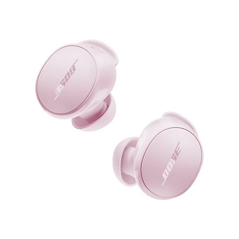 Zwei hellrosa, kabellose Bose Ohrhörer auf weißem Hintergrund mit Bose-Logo auf der Außenseite.