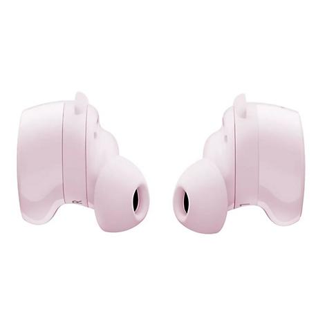 Zwei hellrosa In-Ear-Kopfhörer vor weißem Hintergrund, seitlich ausgerichtet.