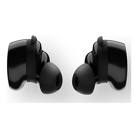 Zwei schwarze In-Ear-Kopfhörer nebeneinander vor weißem Hintergrund.