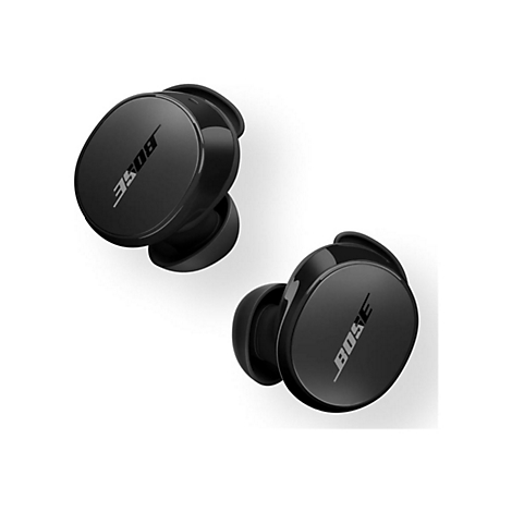 Zwei schwarze, kabellose In-Ear-Kopfhörer von Bose mit rundem Design auf weißem Hintergrund.