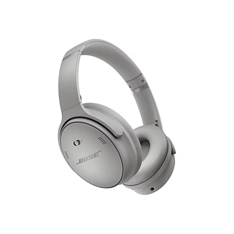 Graue Bose Noise-Cancelling-Kopfhörer vor weißem Hintergrund.