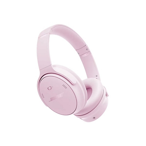Helle, pastellrosa Bose Over-Ear-Kopfhörer vor weißem Hintergrund mit Firmenlogo auf der Ohrmuschel.