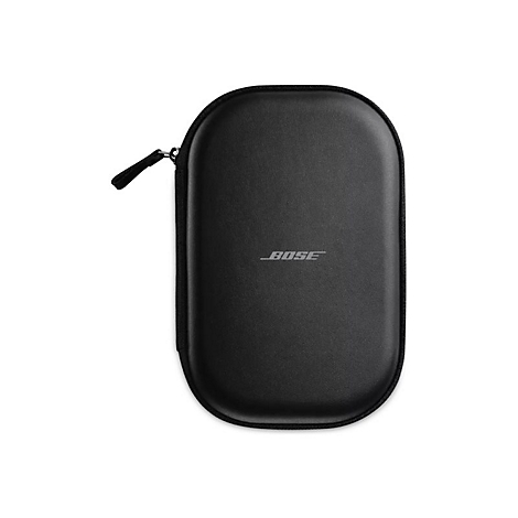 Schwarze, ovale KopfhÃ¶rertasche. Das Bose-Logo ist mittig zu sehen. Ein ReiÃŸverschluss verlÃ¤uft entlang der Oberseite und Seite.