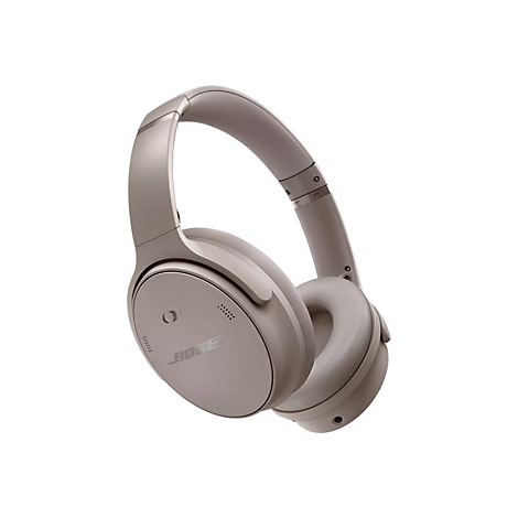 Beige Bose Bluetooth-Kopfhörer vor weißem Hintergrund.