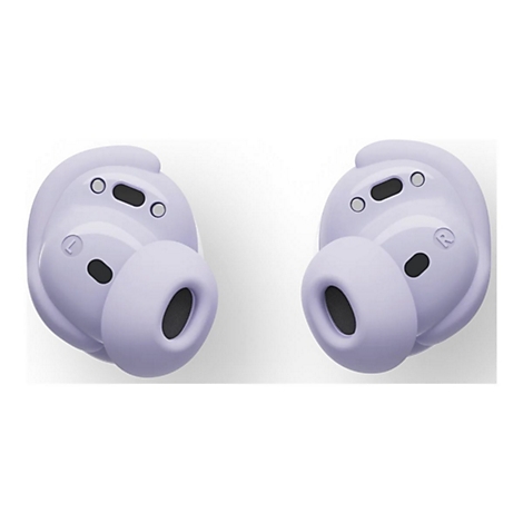 Zwei hellviolette In-Ear-Kopfhörer vor weißem Hintergrund. Die Ohrhörer sind mit einem 'L' und 'R' gekennzeichnet.