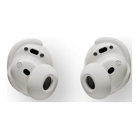 Zwei weiße In-Ear-Kopfhörer vor weißem Hintergrund mit klar sichtbaren L- und R-Markierungen.