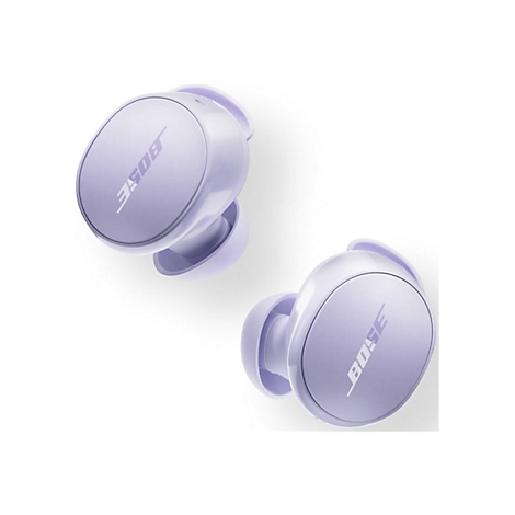 Zwei hellviolette Bose In-Ear-Kopfhörer mit abgerundetem Design auf weißem Hintergrund.
