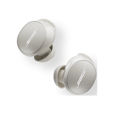 Zwei cremeweiße Bose In-Ear-Kopfhörer vor weißem Hintergrund.