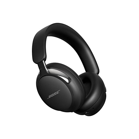 Schwarze kabellose Bose-Over-Ear-Kopfhörer vor weißem Hintergrund mit Bose-Logo.