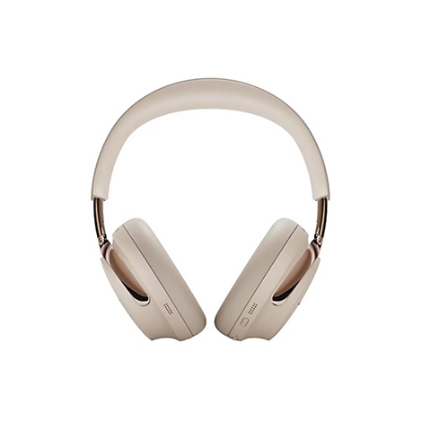 Beige Over-Ear-Kopfhörer mit weichen Polstern und glänzenden Akzenten vor weißem Hintergrund.