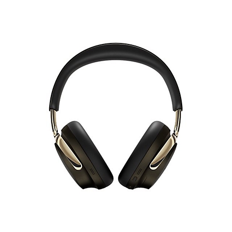 Schwarze Over-Ear-Kopfhörer mit goldenen Akzenten vor weißem Hintergrund.