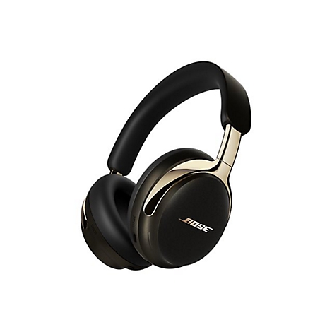 Schwarze Bose-Over-Ear-Kopfhörer mit goldenen Akzenten auf weißem Hintergrund.