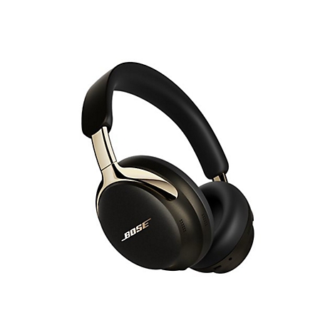Schwarze Bose Noise-Cancelling-Kopfhörer mit goldenen Akzenten auf weißem Hintergrund.