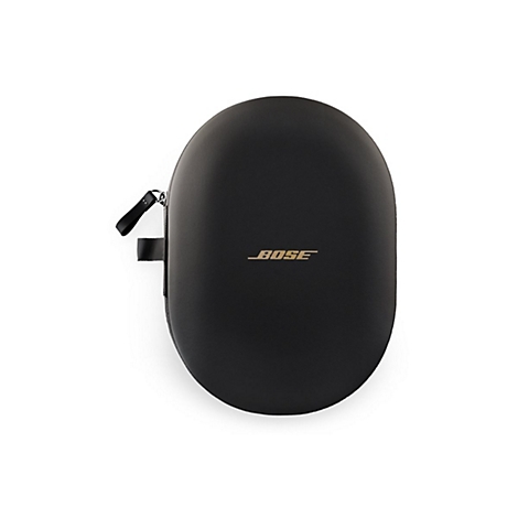 Schwarze, ovale Transporttasche für Bose-Kopfhörer mit Logo auf der Vorderseite.