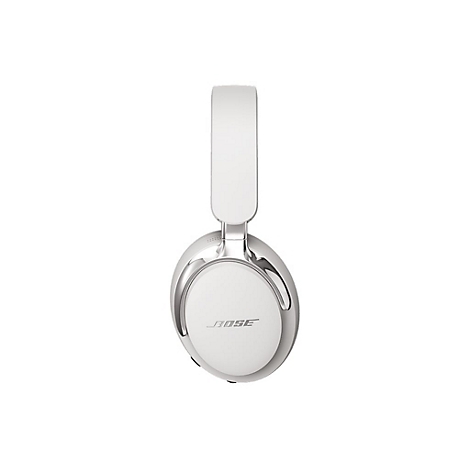 Weiße Bose Over-Ear-Kopfhörer vor weißem Hintergrund mit silbernen Akzenten und Bose-Schriftzug.