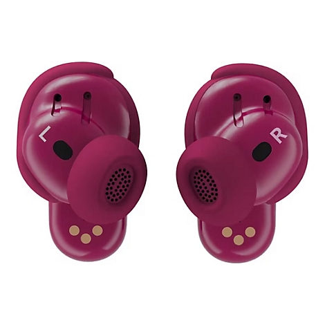 Zwei burgunderrote In-Ear-Kopfhörer mit L- und R-Markierung vor weißem Hintergrund.