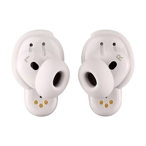 Weiße In-Ear-Kopfhörer mit abgerundetem Design und deutlich sichtbaren L- und R-Markierungen vor weißem Hintergrund.